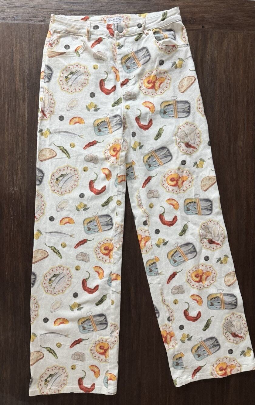White Dinner Party Jeans Women’s Medium Sardine Mediterranean Foods Print